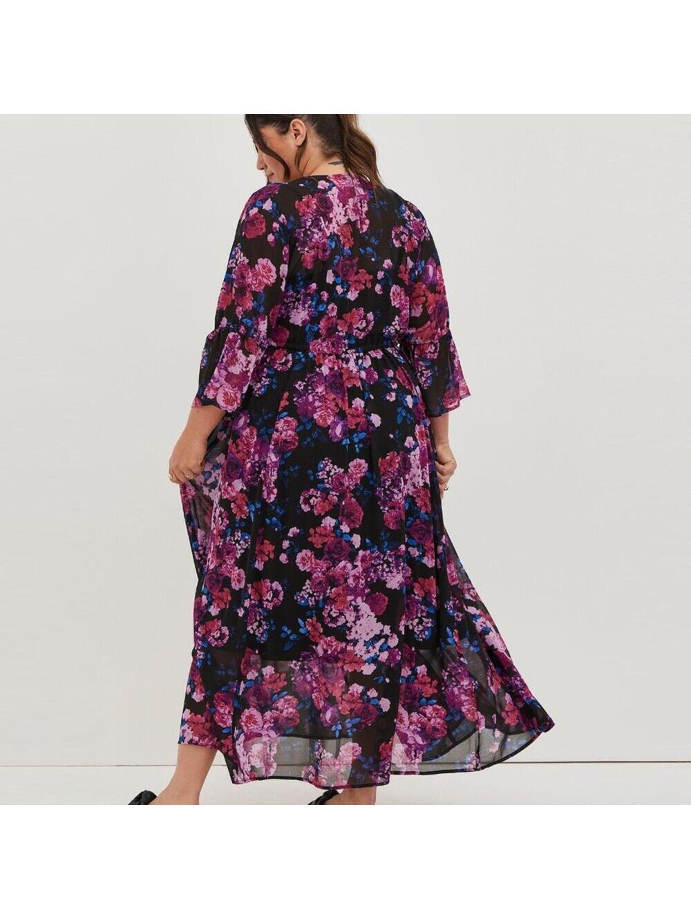 Torrid Maxi Dress 0 Large 12 Pink Purple Blue Floral Chiffon & Black Slip NEW - Picture 3 of 15
